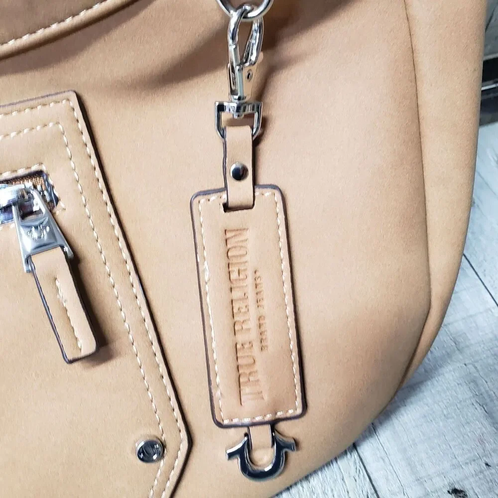 TRUE RELIGION Purse Bag Suede Hobo Crossbody Tan Adjustable Strap Zip Top NEW